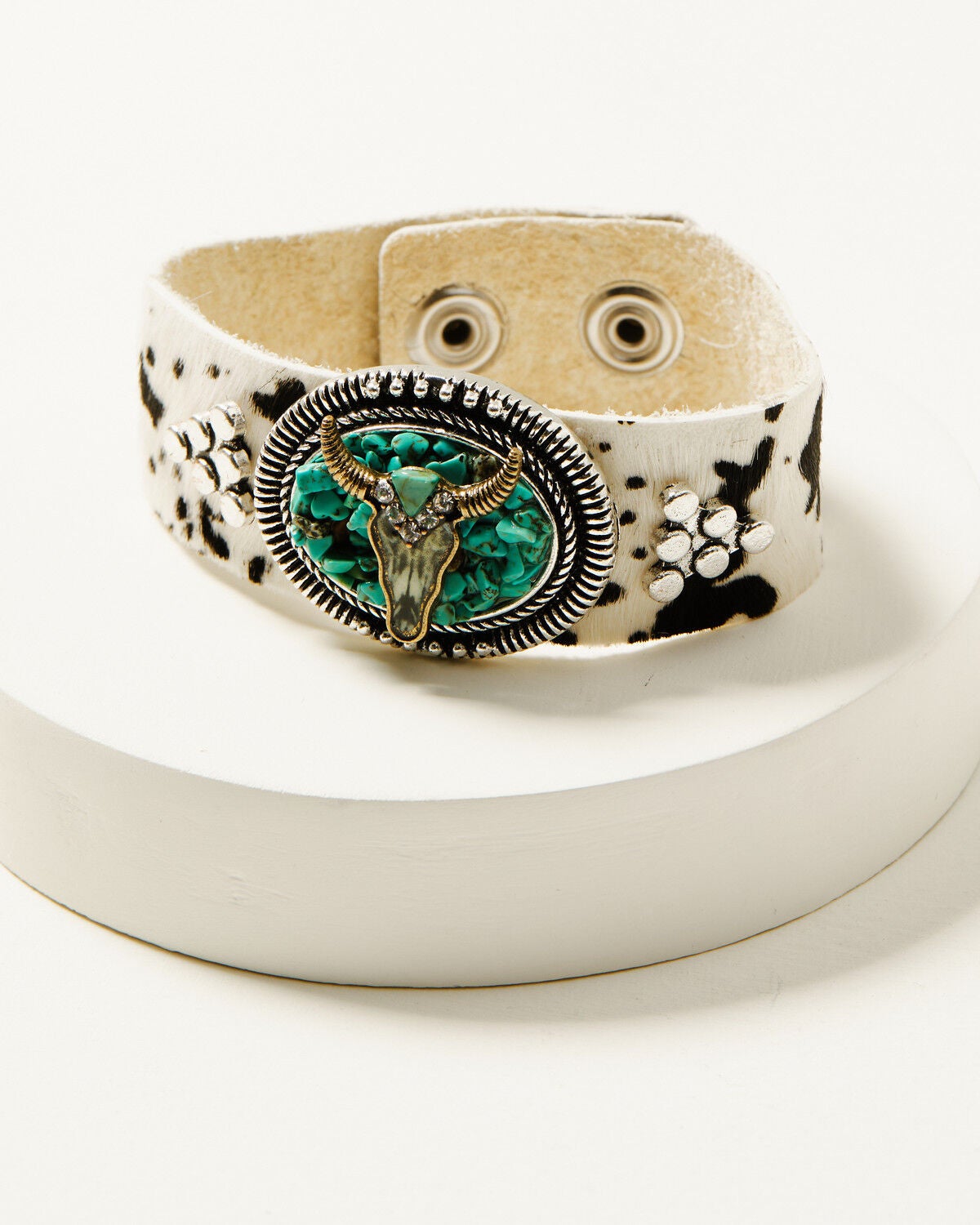 Shyanne Women's Steer Head and Turquoise Chip Genuine Leather Cuff, Turquoise, hi-res