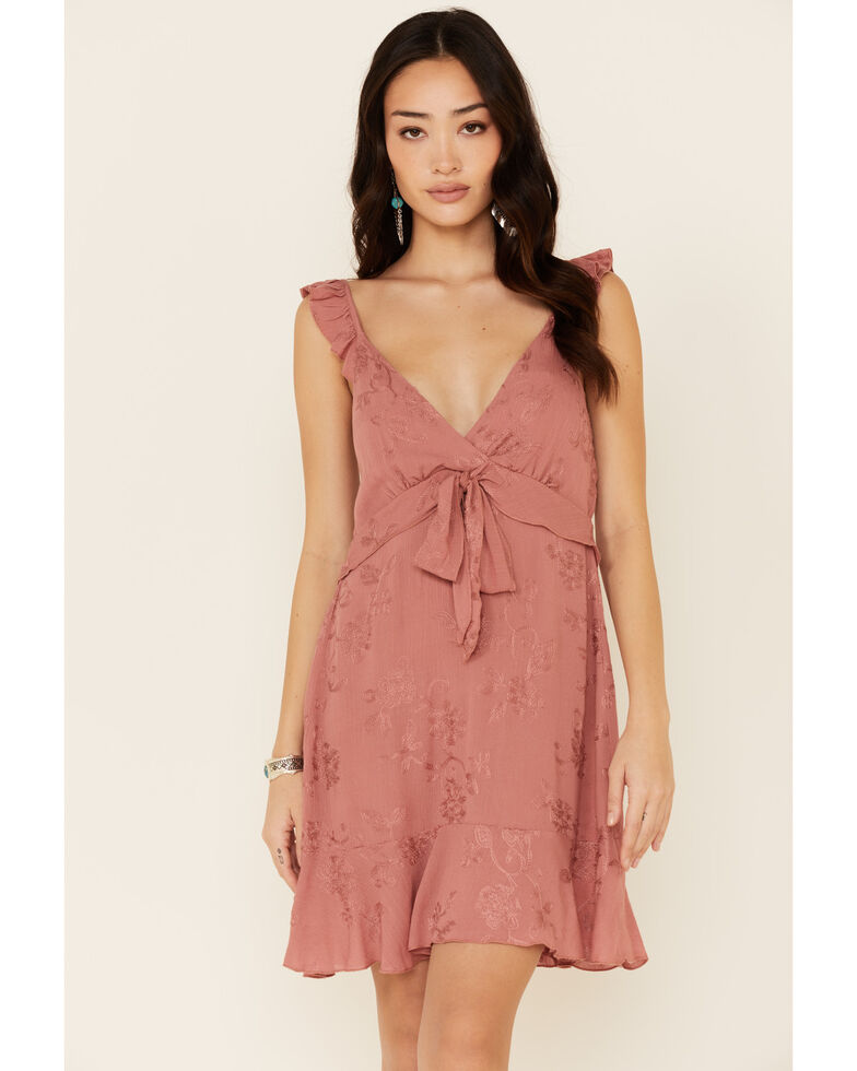 Wild Moss Women's Embroidered Tie-Front Dress, Mauve, hi-res