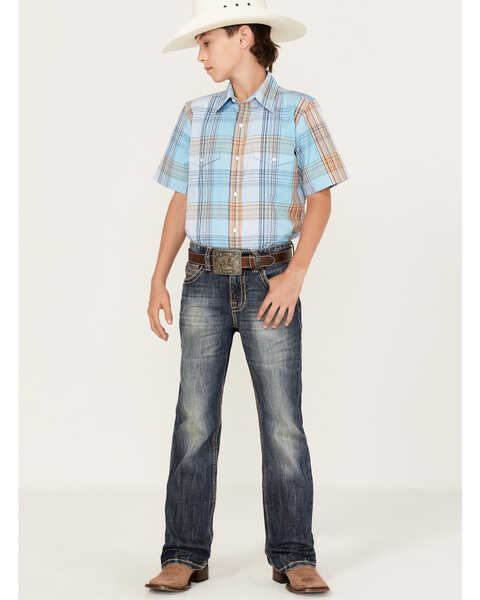 Image #2 - Panhandle Boys' Plaid Print Short Sleeve Western Pearl Snap Shirt, Light Blue, hi-res
