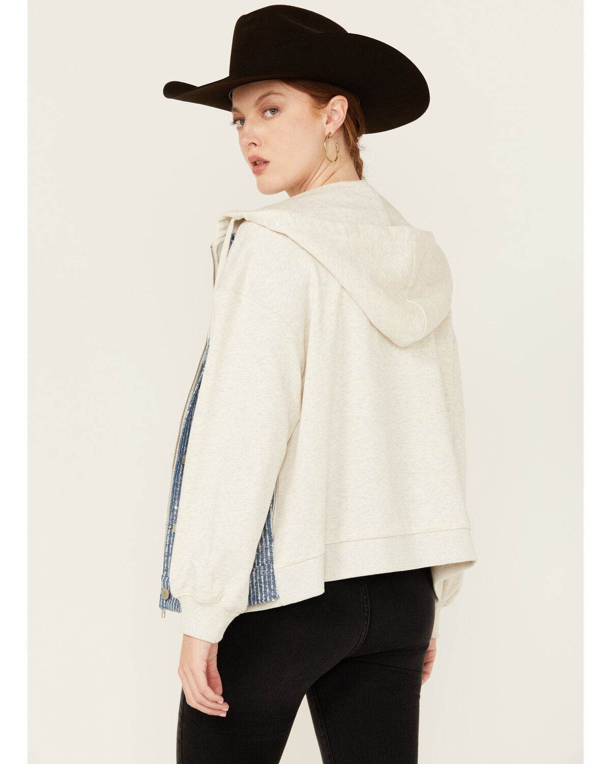 Image #4 - Miss Me Women's Denim Sequins Zip-Up Hoodie, Oatmeal, hi-res