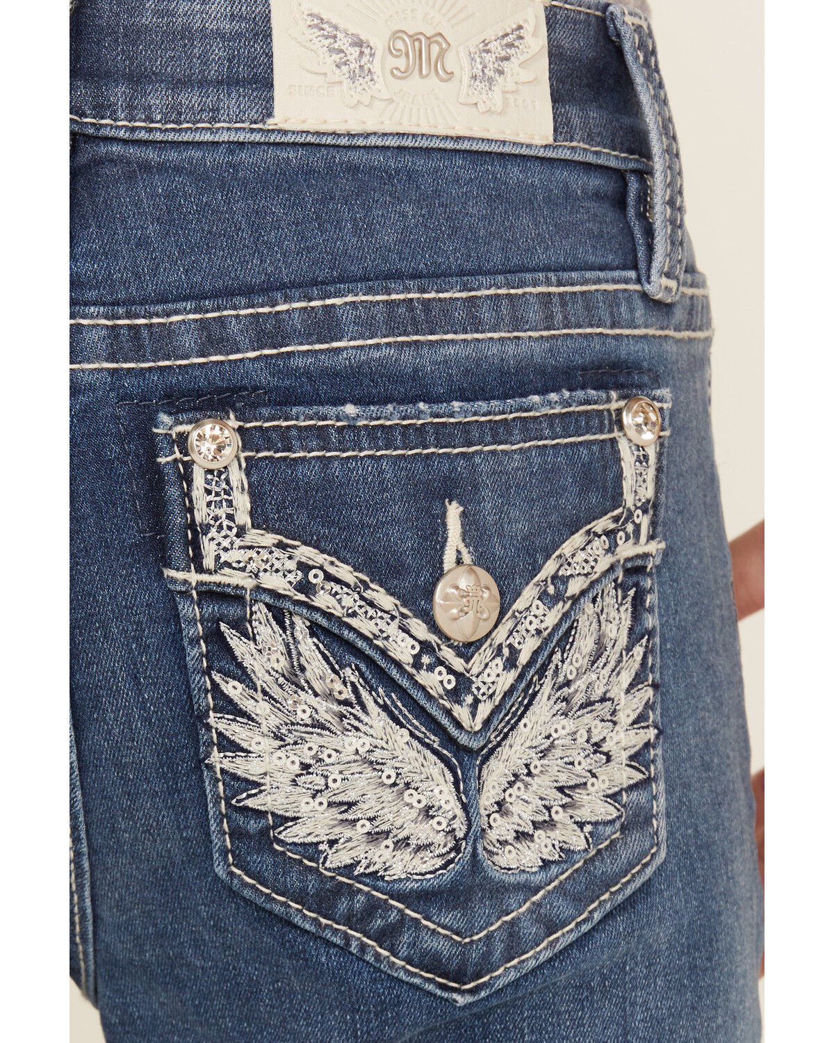 Image #2 - Miss Me Girls' Light Wash Wing Pocket Bootcut Stretch Denim Jeans, Blue, hi-res