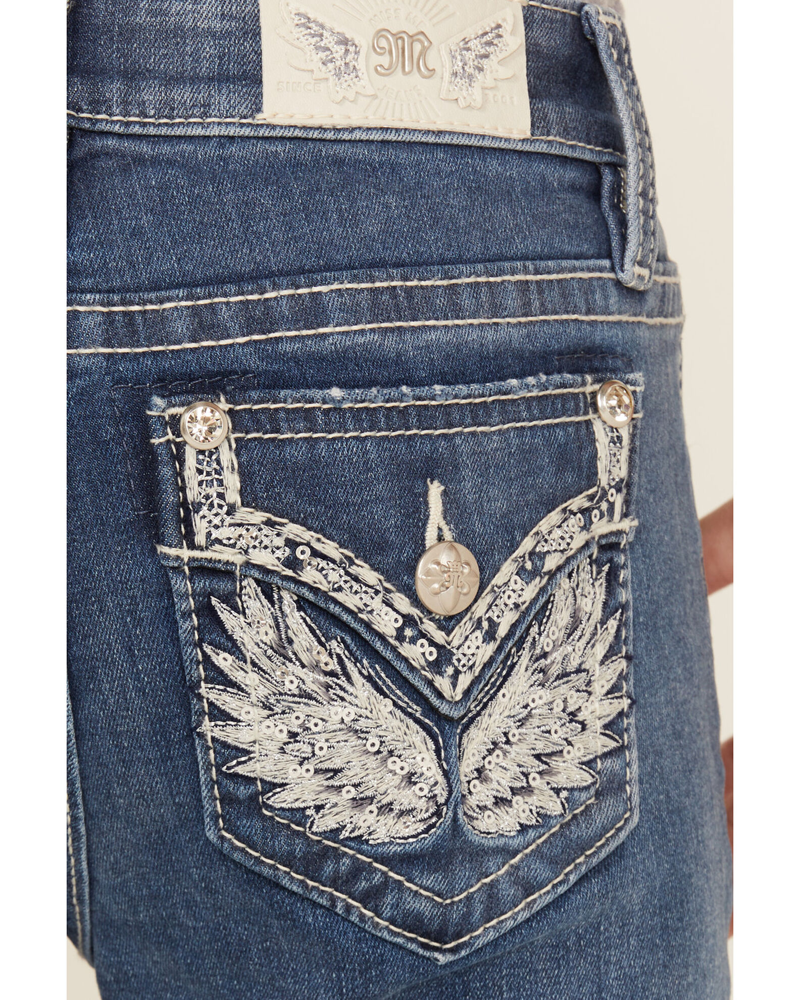 Image #2 - Miss Me Girls' Light Wash Wing Pocket Bootcut Stretch Denim Jeans, Blue, hi-res