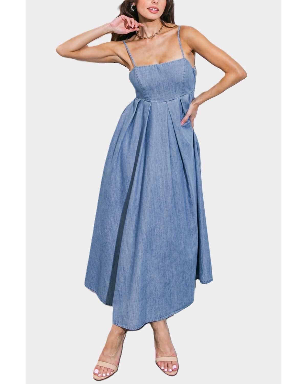 Image #1 - Flying Tomato Women's Captivating Heart Denim Midi Dress, Light Wash, hi-res