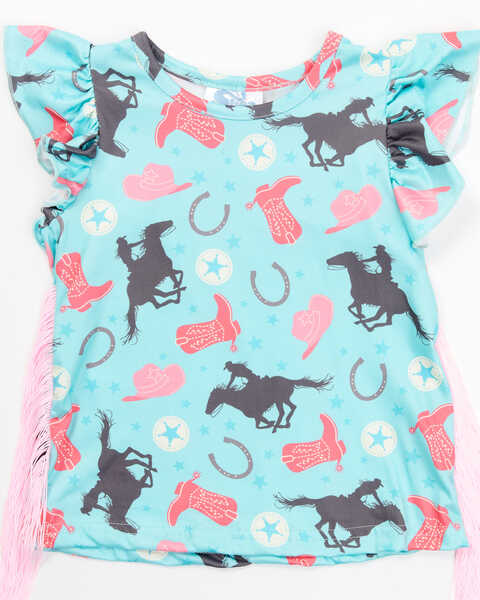 Shea Baby Toddler-Girls' Rodeo Horse Print Ruffle Fringe Top, Turquoise, hi-res