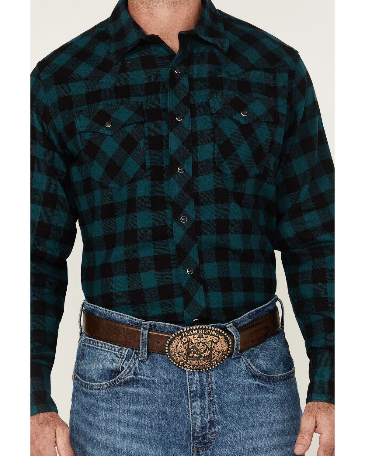 Image #3 - Wrangler Retro Men's Checkered Print Long Sleeve Snap Flannel Shirt, Dark Teal, hi-res