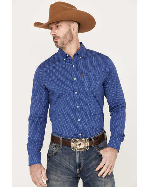 Image #1 - Ariat Men's Ditsy Stretch Modern Fit Button-Down Long Sleeve Western Shirt, Dark Blue, hi-res