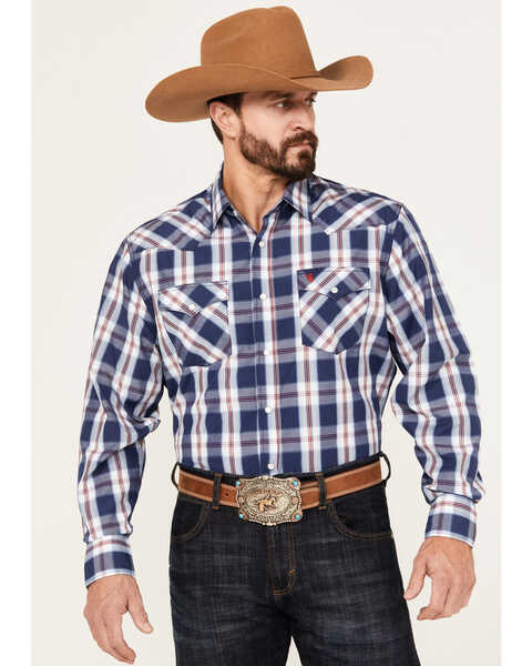 Rodeo Clothing Men's Plaid Print Long Sleeve Pearl Snap Western Shirt, Navy, hi-res