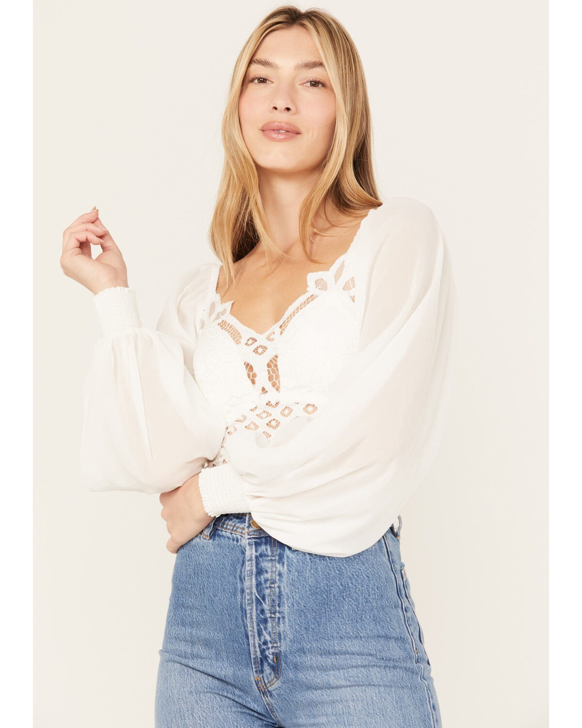 Image #2 - Flying Tomato Women's Crochet Front Long Sleeve Top, White, hi-res