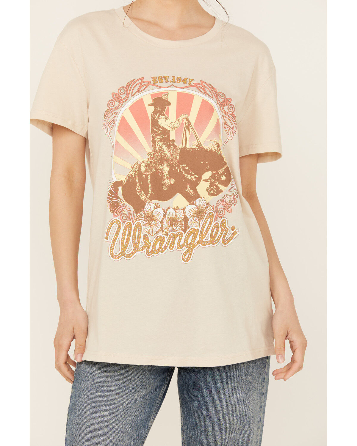 Image #3 - Wrangler Women's Boot Barn Exclusive Cowboy Logo Boyfriend Fit Short Sleeve Graphic Tee, Oatmeal, hi-res