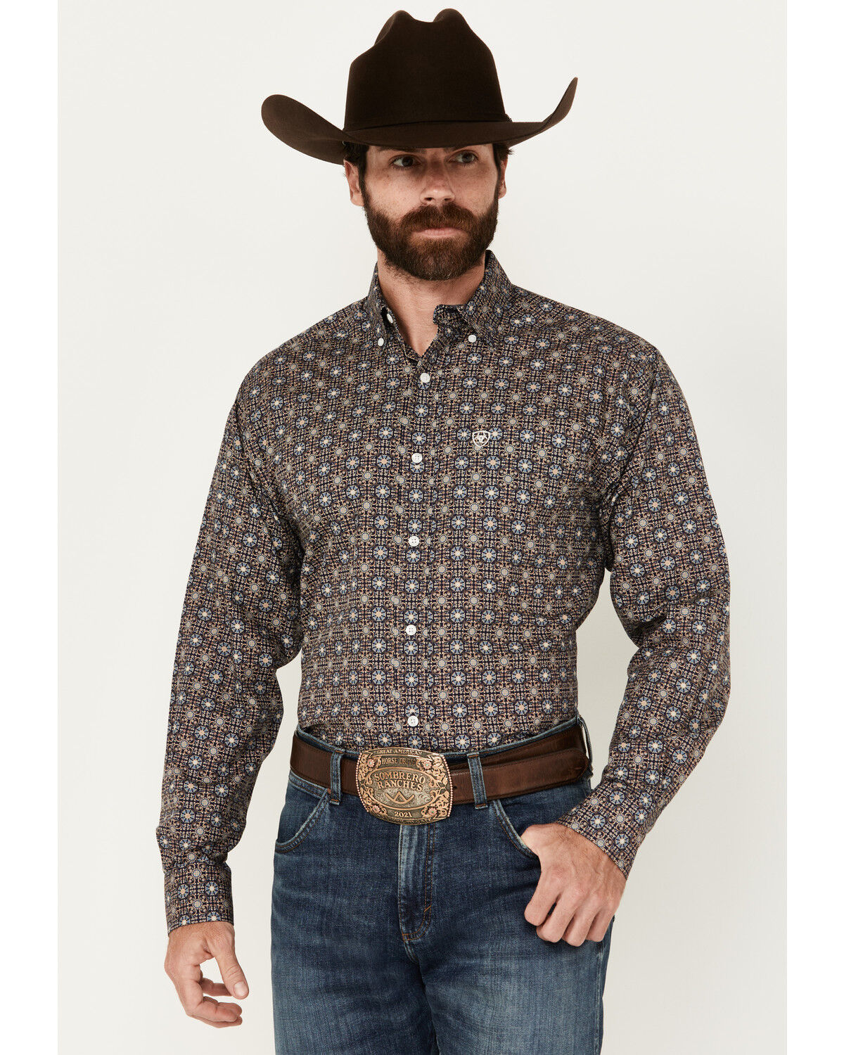 Image #1 - Ariat Men's Karsyn Medallion Print Long Sleeve Button-Down Western Shirt, Dark Blue, hi-res