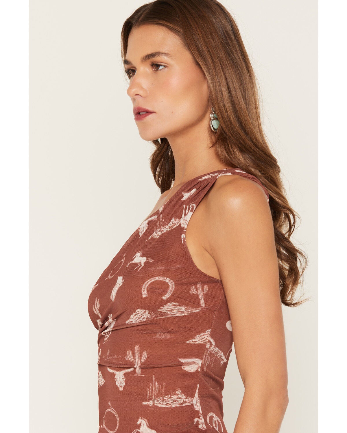Image #2 - Ash & Violet Women's Conversational Print One Shoulder Top, Brown, hi-res