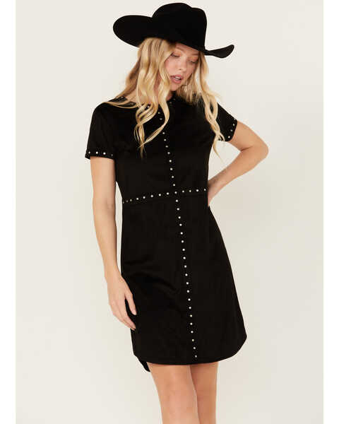 Image #2 - Panhandle Women's Faux Suede Studded Short Sleeve Mini Dress , Black, hi-res