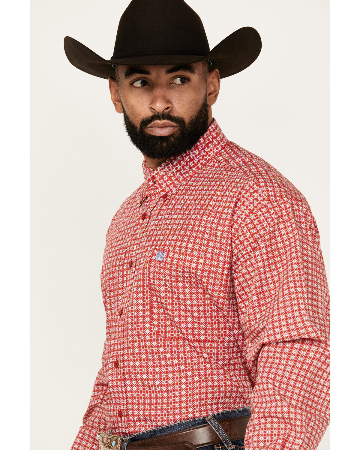 Image #2 - Cinch Men's Geo Print Long Sleeve Button-Down Western Shirt, Red, hi-res