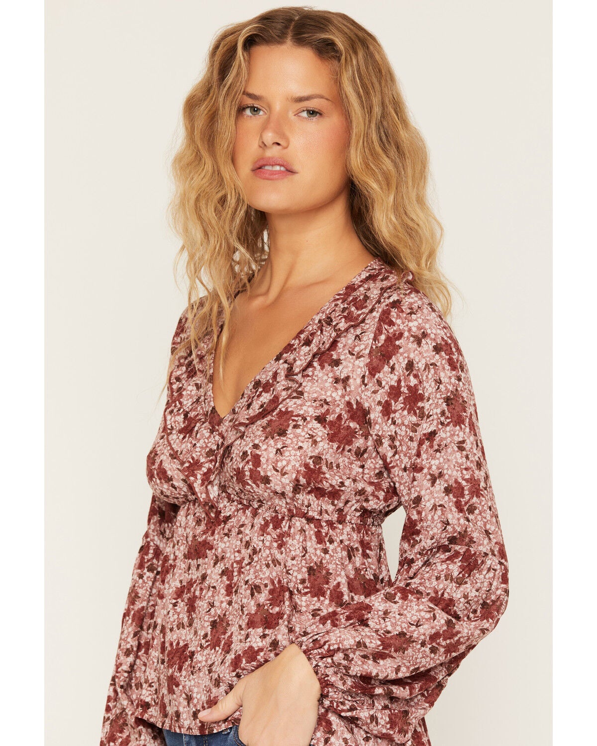 Image #2 - Wild Moss Women's Floral Print Ruffle Long Sleeve Top, Burgundy, hi-res
