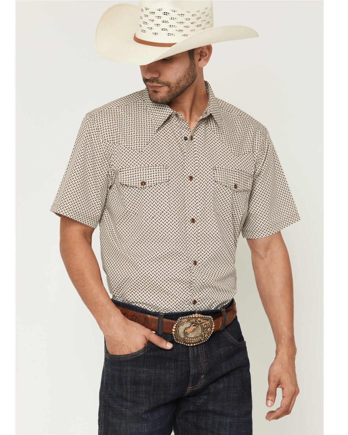 Image #1 - Gibson Trading Co Men's Sedona Tile Geo Print Short Sleeve Snap Western Shirt - Tall, Brown, hi-res