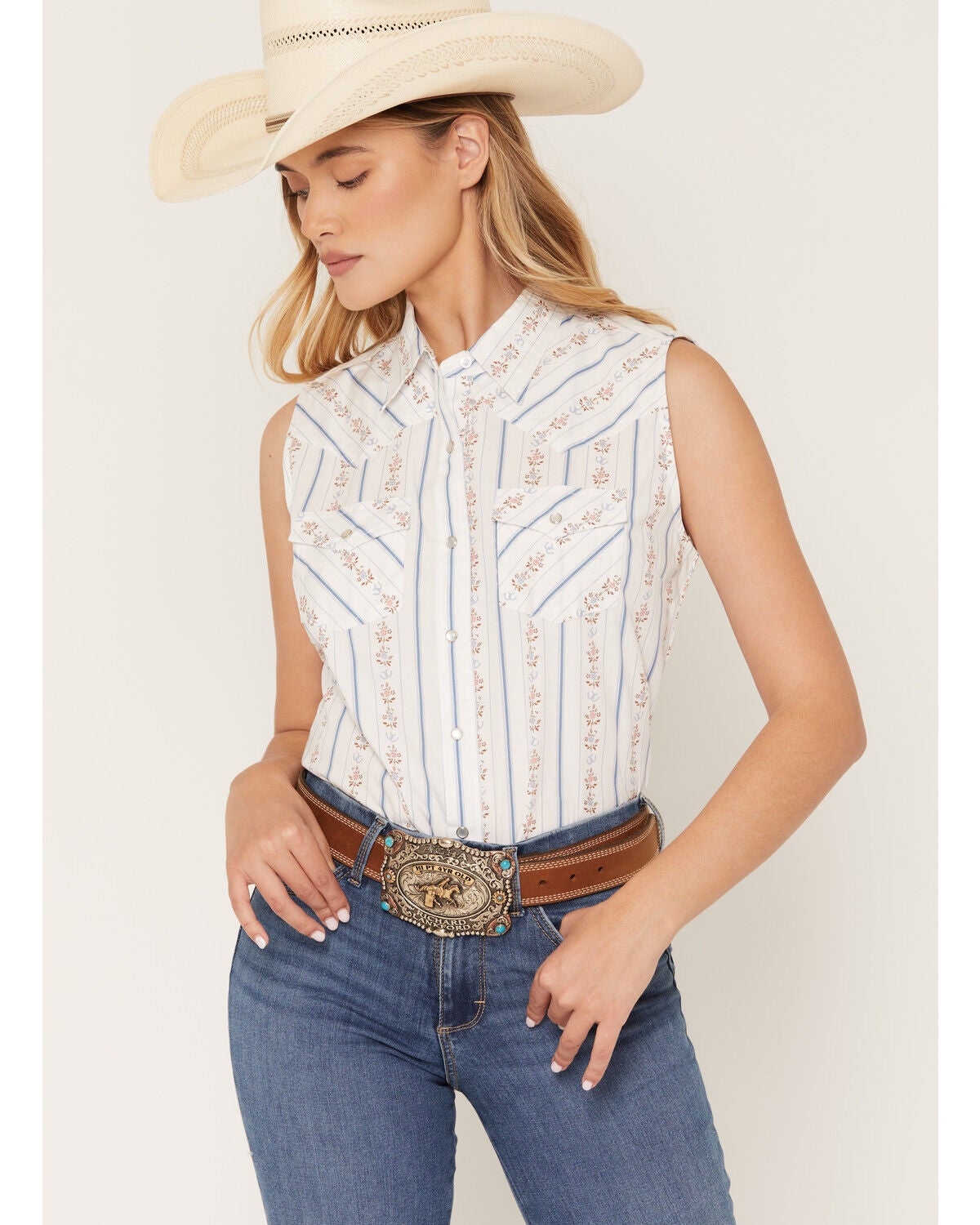 Image #1 - Ely Walker Women's Boot Barn Exclusive Floral Horseshoe Wallpaper Print Sleeveless Pearl Snap Western Shirt, White, hi-res