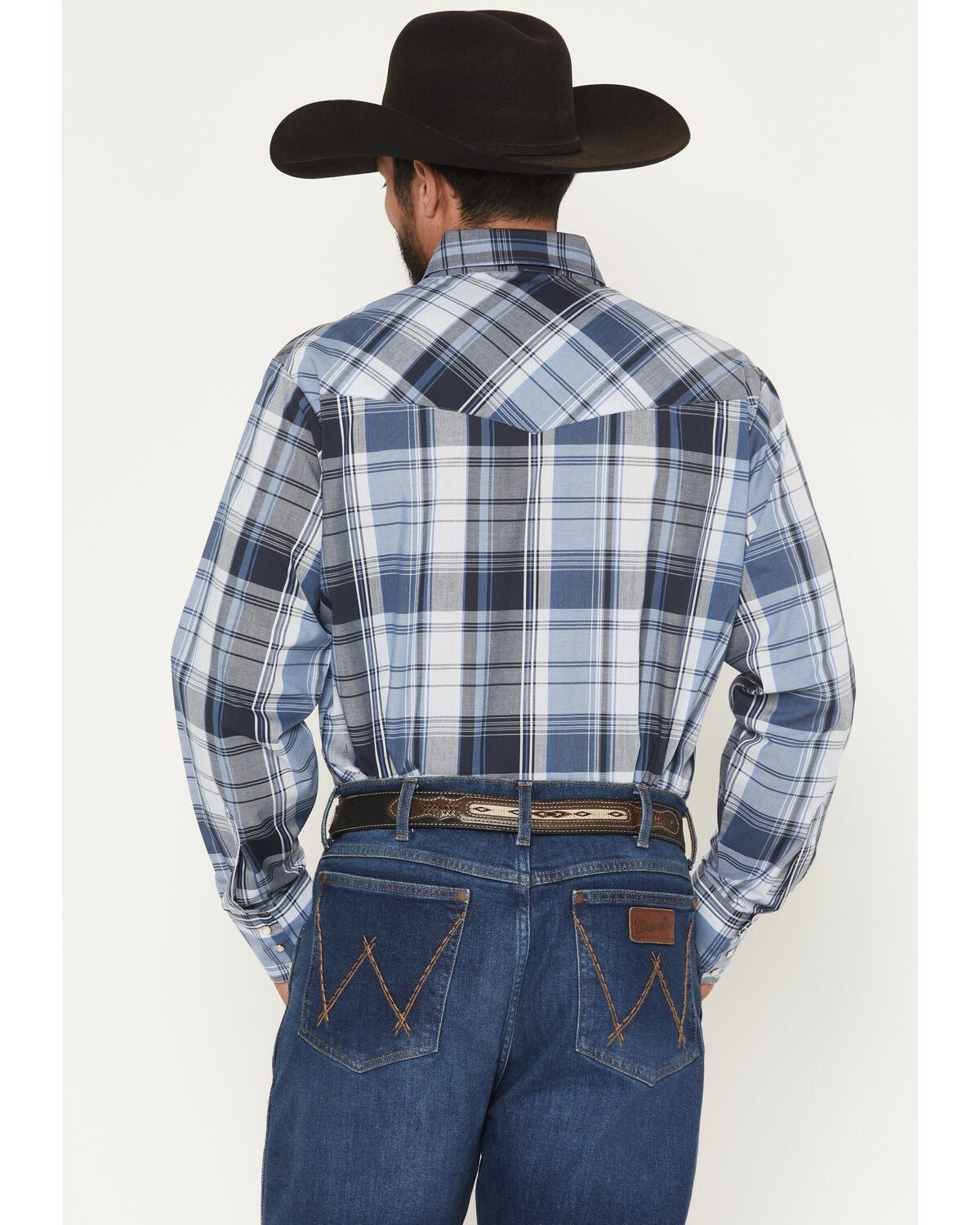 Image #4 - Ely Walker Men's Plaid Print Long Sleeve Pearl Snap Western Shirt, Blue, hi-res