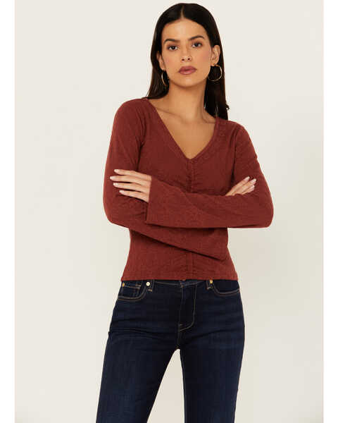 Image #1 - Shyanne Women's Lace Insert Long Sleeve Top, Dark Red, hi-res
