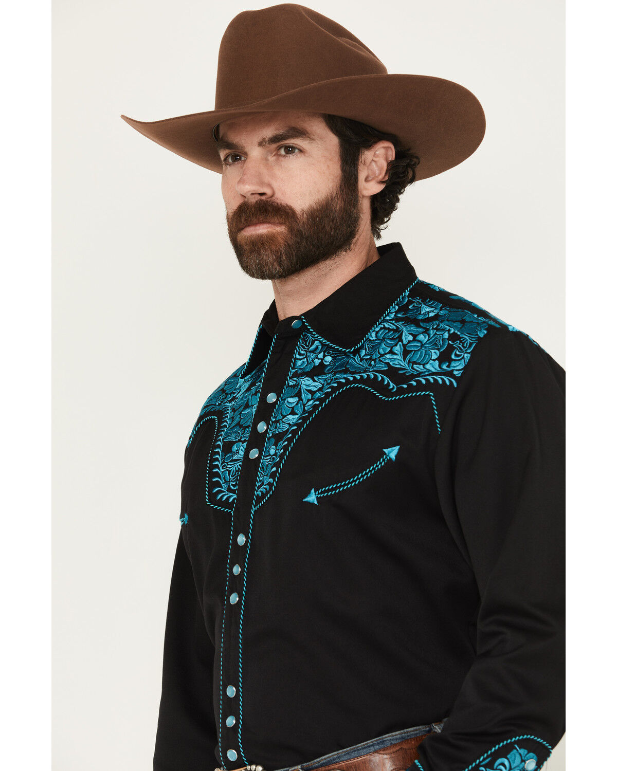 Image #3 - Scully Men's Gunfighter Embroidered Long Sleeve Snap Western Shirt, Turquoise, hi-res