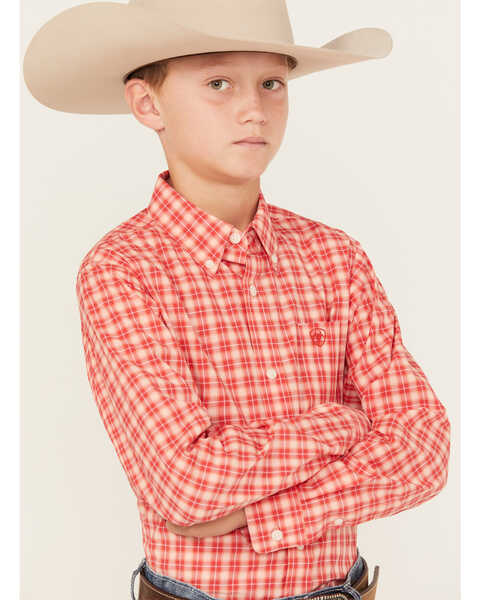Image #2 - Ariat Boys' Oberon Plaid Print Classic Fit Long Sleeve Button Down Western Shirt, Red, hi-res