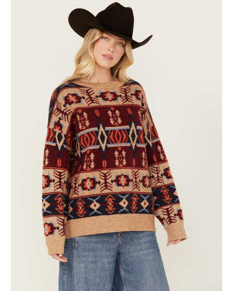 Image #1 - Panhandle Women's Southwestern Print Sweater , Taupe, hi-res