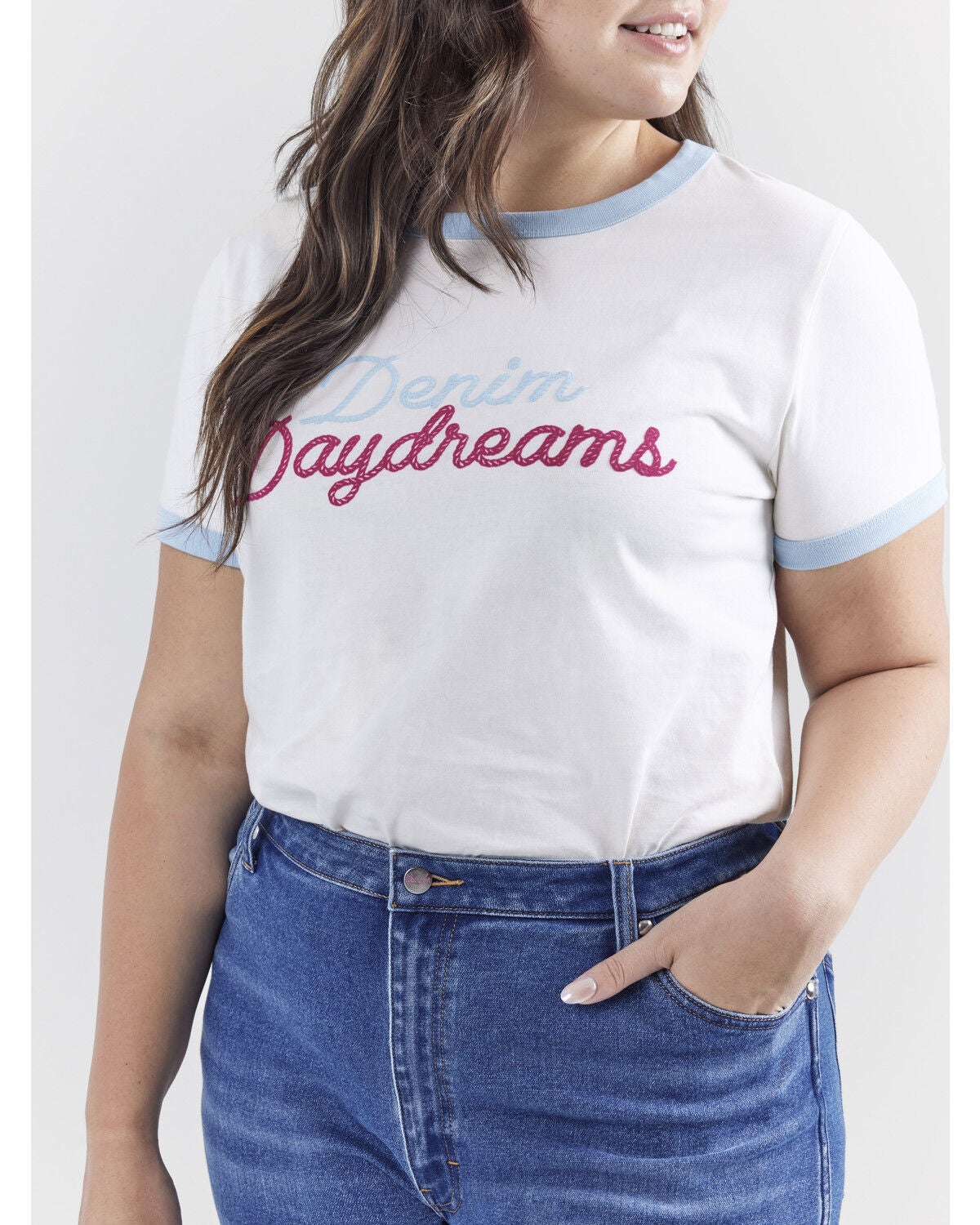 Image #6 - Wrangler&reg; X Barbie&trade; Women's Denim Daydreams Slim Ringer Tee, White, hi-res