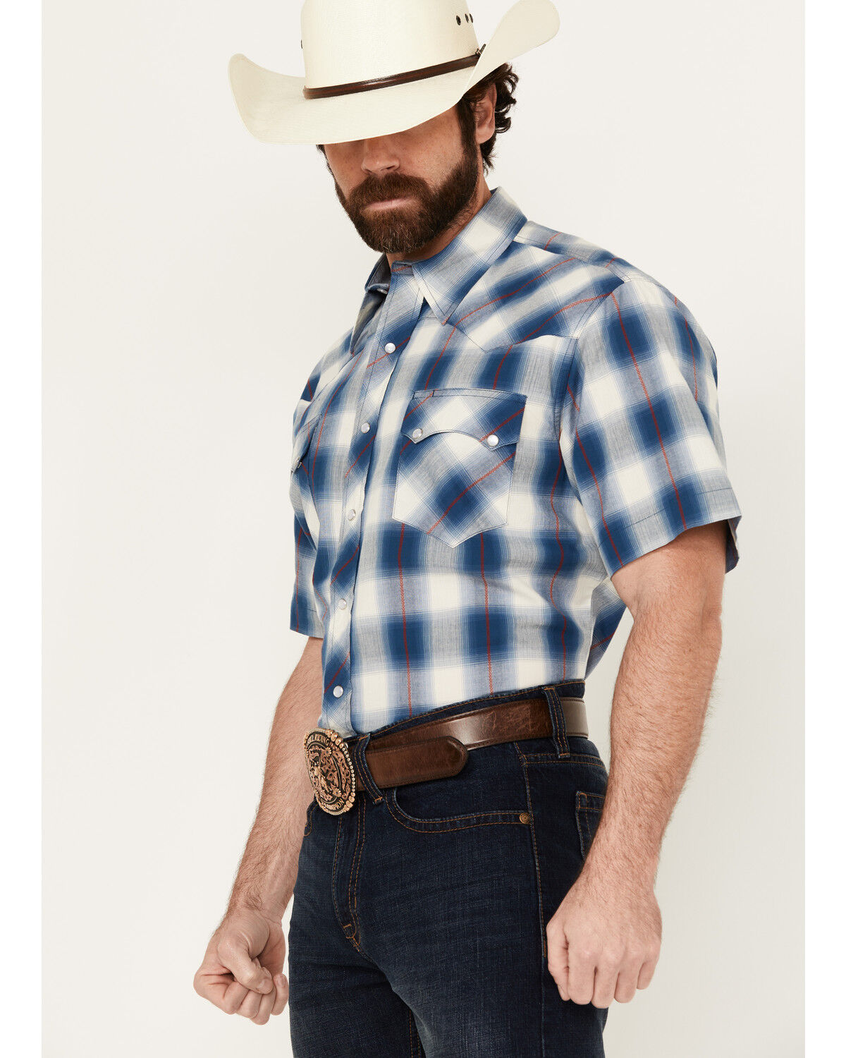 Image #2 - Roper Men's West Made Plaid Print Short Sleeve Snap Western Shirt, Blue, hi-res