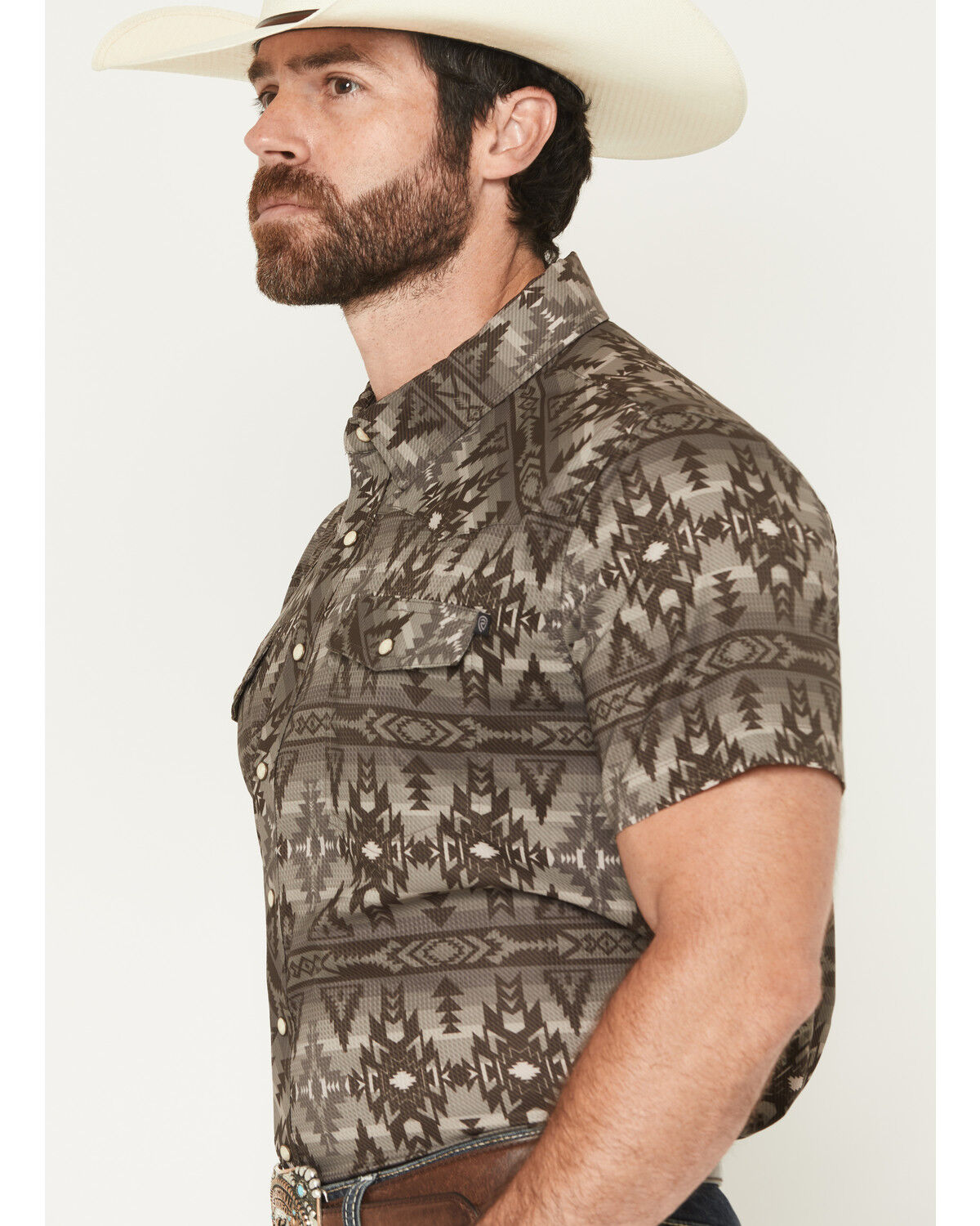 Image #2 - Rock & Roll Denim Men's Tek Southwestern Print Short Sleeve Snap Stretch Western Shirt, Brown, hi-res