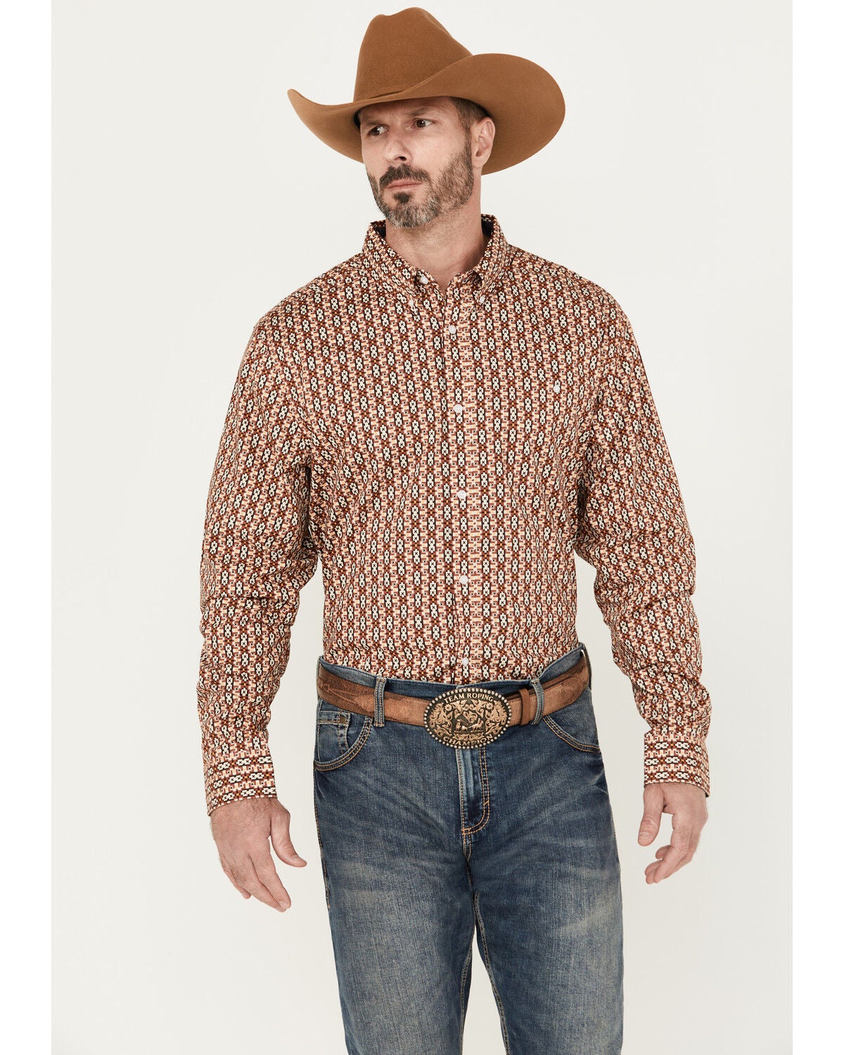RANK 45&reg; Men's Spur Printed Long Sleeve Button-Down Stretch Western Shirt, Pecan, hi-res