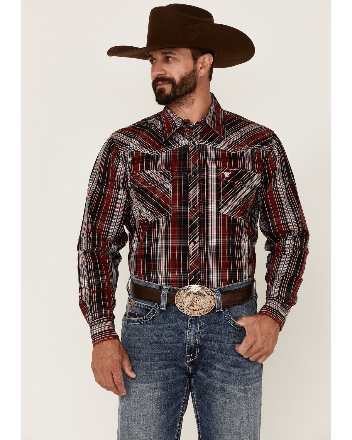 Image #1 - Cowboy Hardware Men's Multi Plaid Print Long Sleeve Snap Western Shirt, Red, hi-res