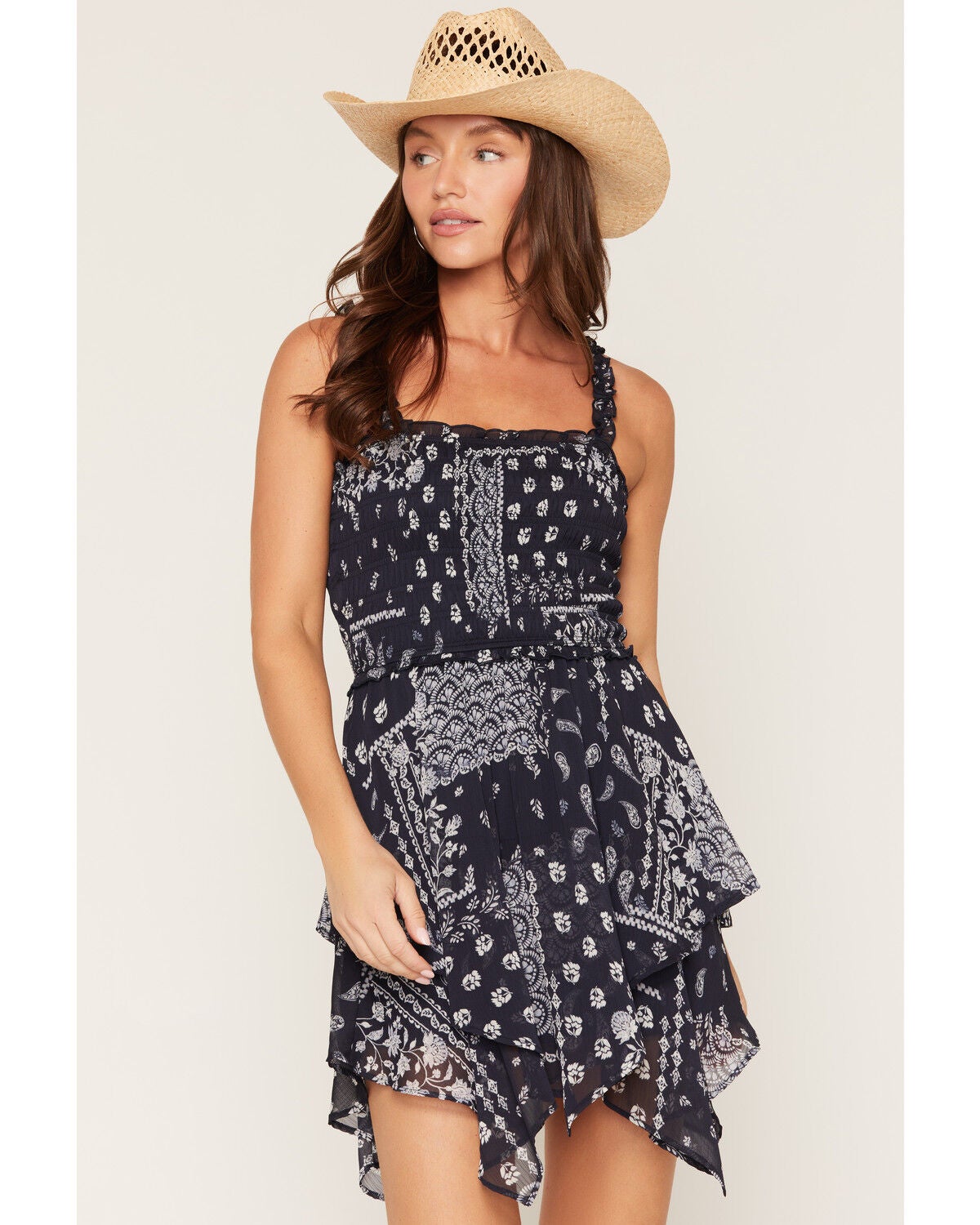 Ash & Violet Women's Bandana Print Hanky Hem Mini Dress, Navy, hi-res