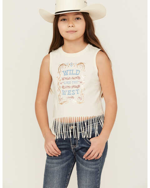 Image #1 - Shyanne Girls' Wild Like The West Fringe Graphic Tank Top , Cream, hi-res