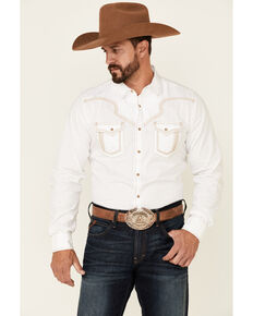 Rock 47 By Wrangler Men's Solid White Embroidered Long Sleeve Snap Western Shirt , White, hi-res