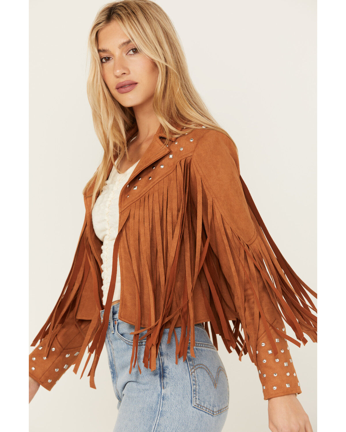 Image #2 - Blue B Women's Studded Fringe Faux Suede Jacket, Camel, hi-res