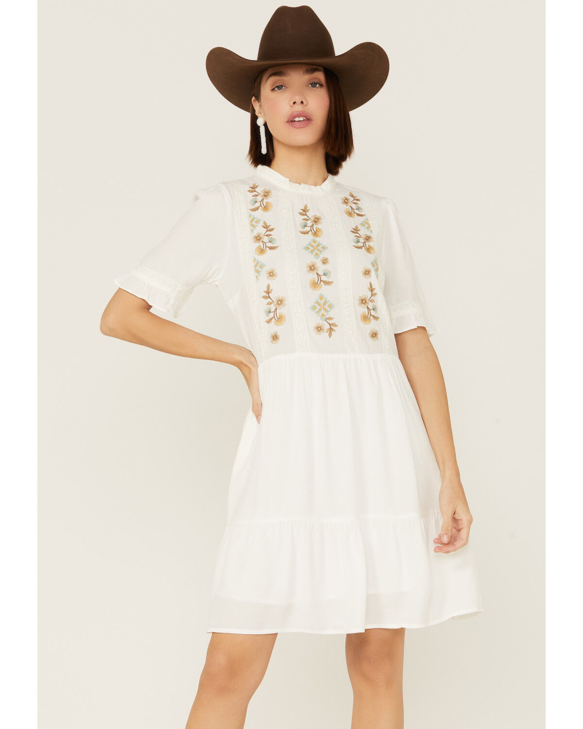 Image #1 - Stetson Women's Embroidered Floral Ruffle Surplice Mini Dress, , hi-res