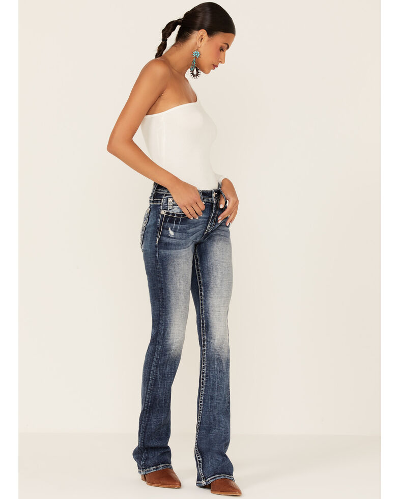 Miss Me Women's Fleur De Lis Bootcut Jeans, Dark Blue, hi-res