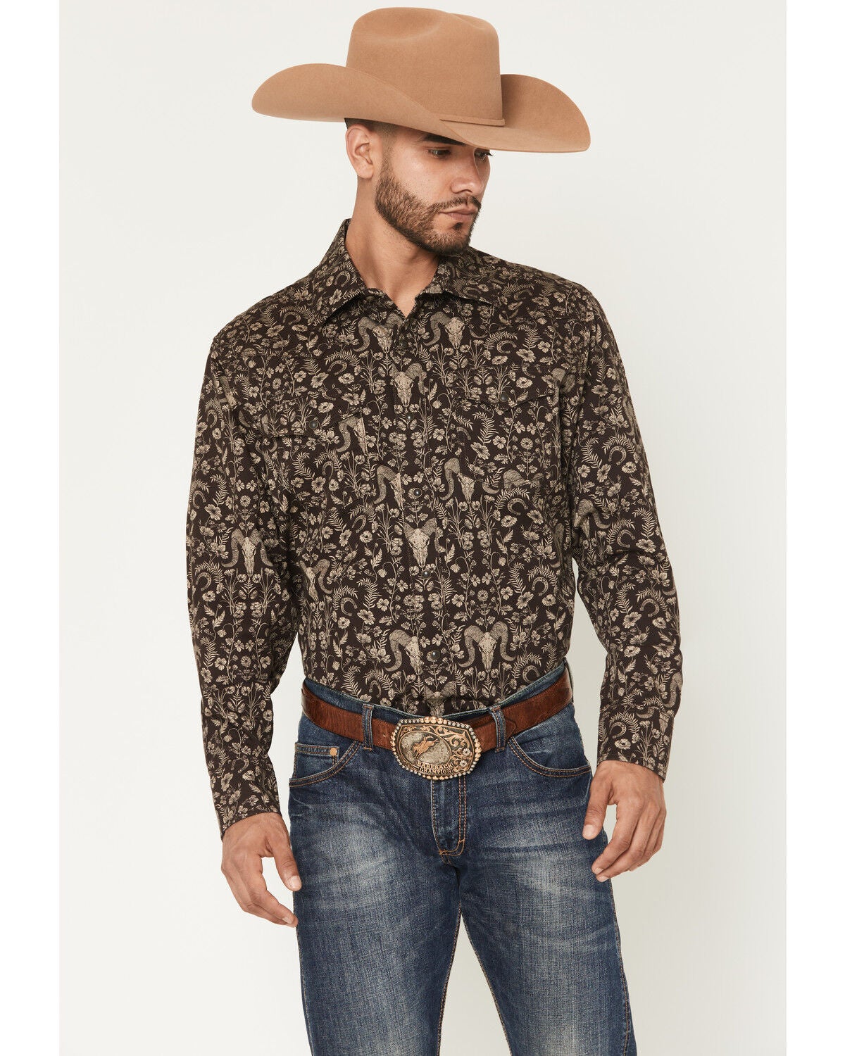 Wrangler Retro Men's Western Floral Print Long Sleeve Snap Western Shirt, Brown, hi-res