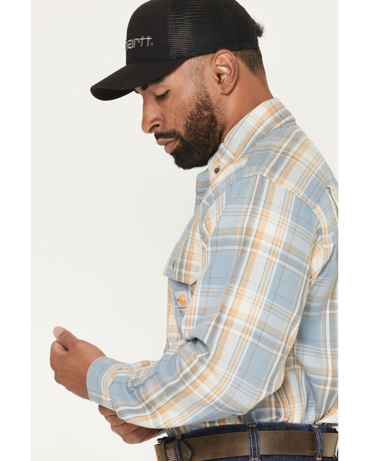 Image #2 - Carhartt Men's FR Plaid Print Long Sleeve Button-Down Work Shirt, Steel Blue, hi-res