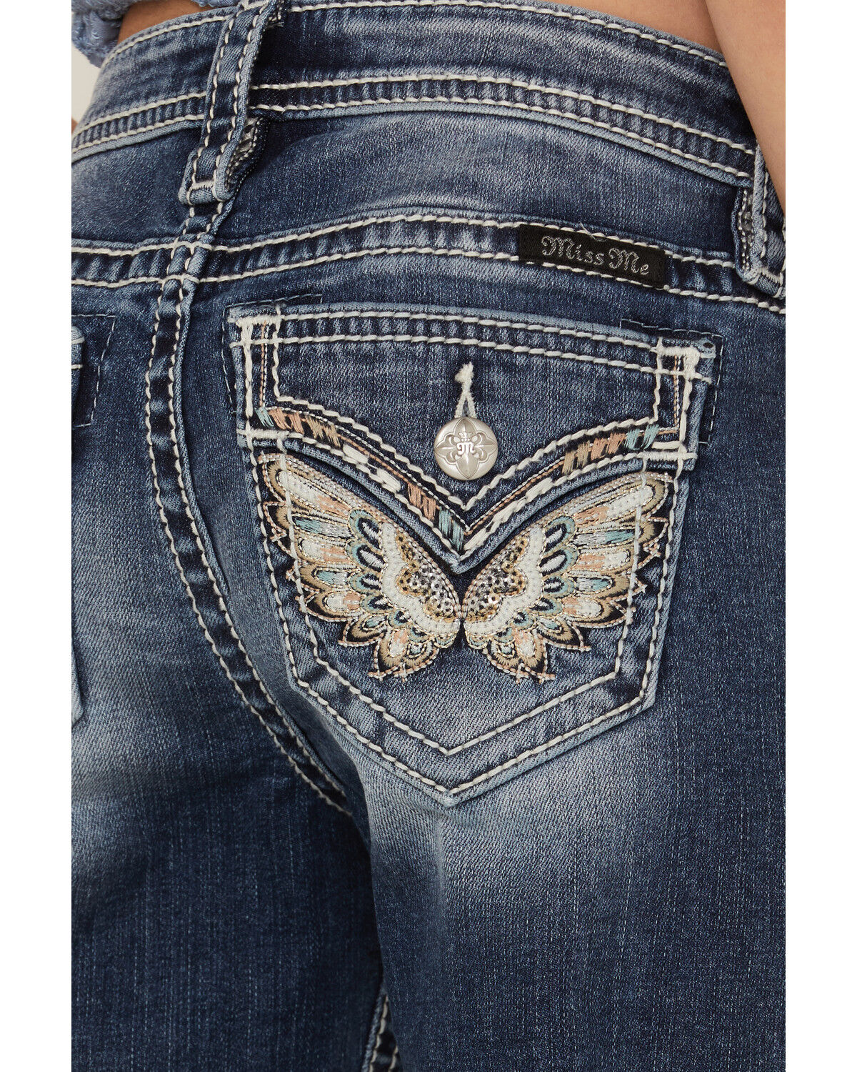 Image #2 - Miss Me Girls' Medium Wash Mid Rise Sequin Butterfly Skinny Jeans, Blue, hi-res