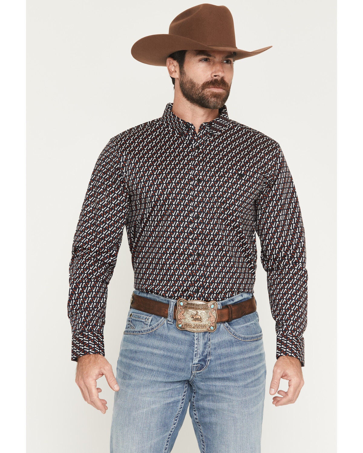 RANK 45&reg; Men's Rough Road Geo Print Long Sleeve Button-Down Stretch Western Shirt, Navy, hi-res
