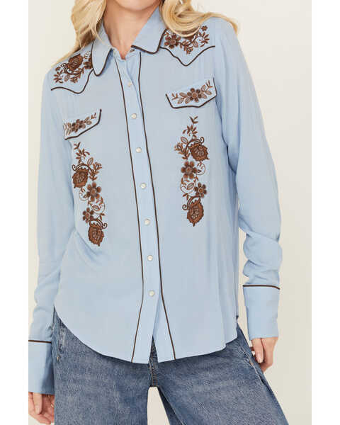 Image #2 - Stetson Women's Embroidered Long Sleeve Pearl Snap Western Blouse , Blue, hi-res