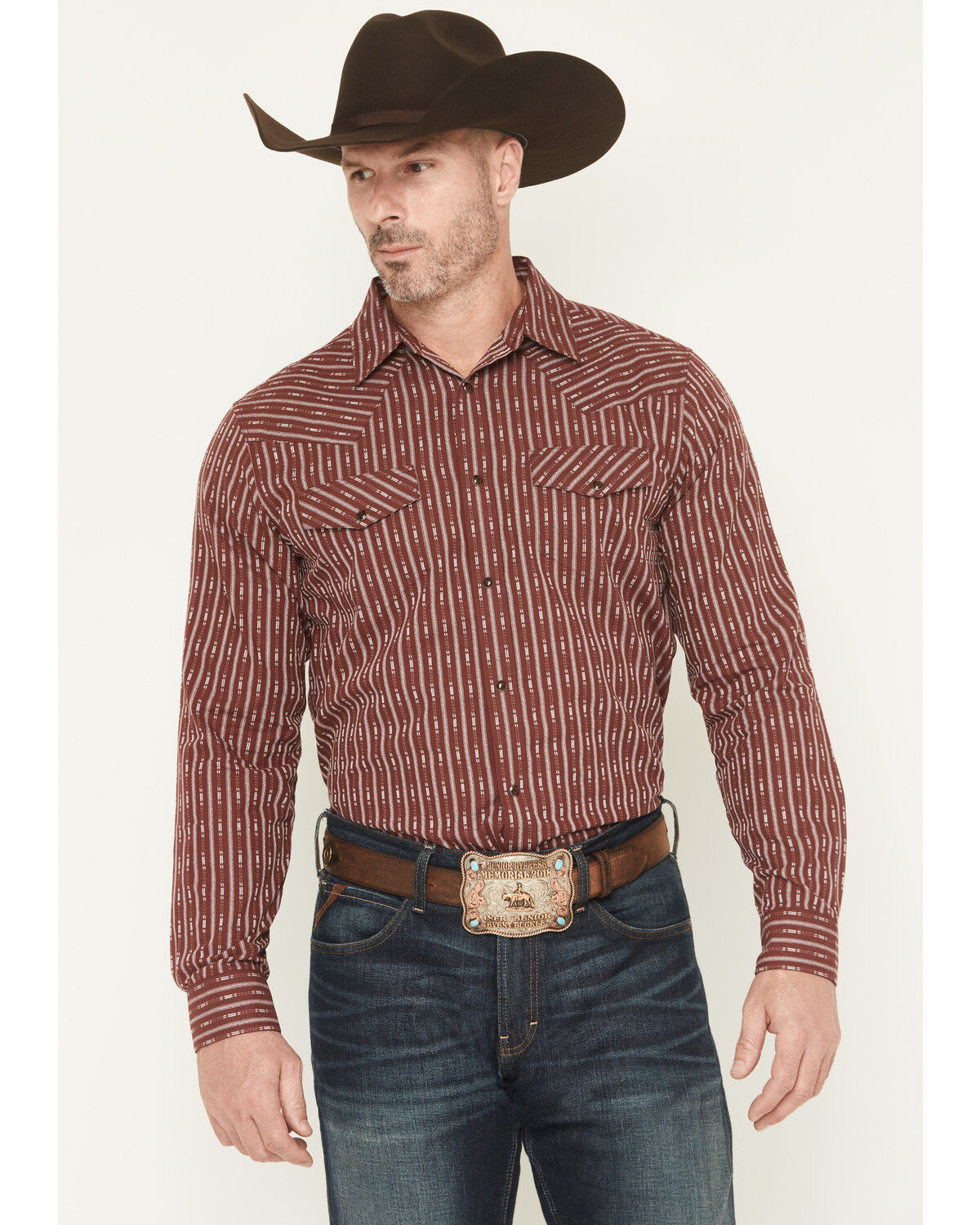 Image #1 - Gibson Trading Co Men's Buckshot Striped Print Long Sleeve Snap Stretch Western Shirt, Burgundy, hi-res
