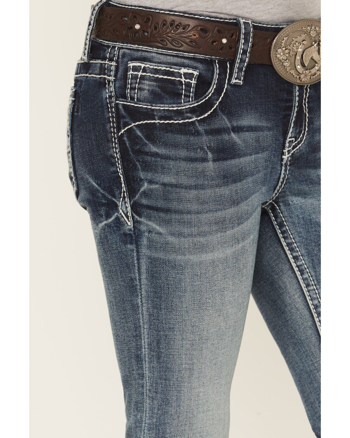 Image #4 - Grace in LA Girls' Medium Wash Geo Diamond Pocket Bootcut Stretch Denim Jeans, Medium Wash, hi-res
