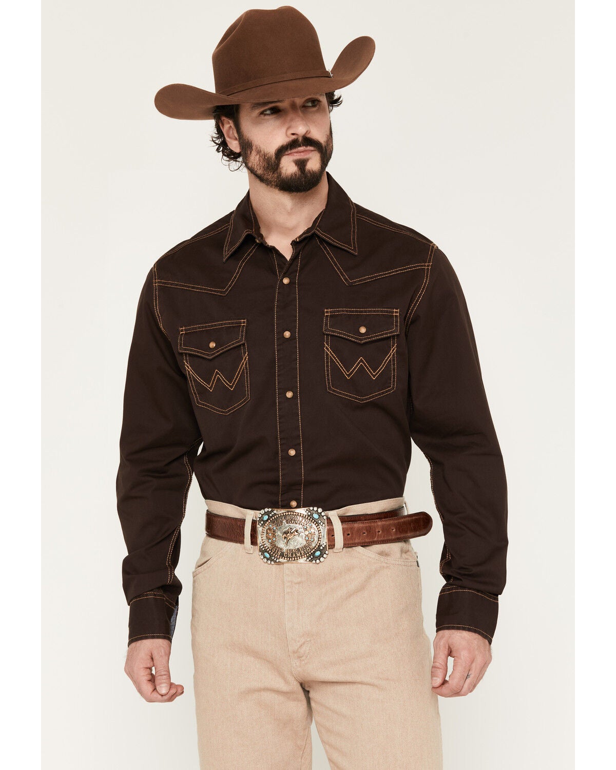 Wrangler Retro Men's Solid Long Sleeve Snap Western Shirt, Brown, hi-res