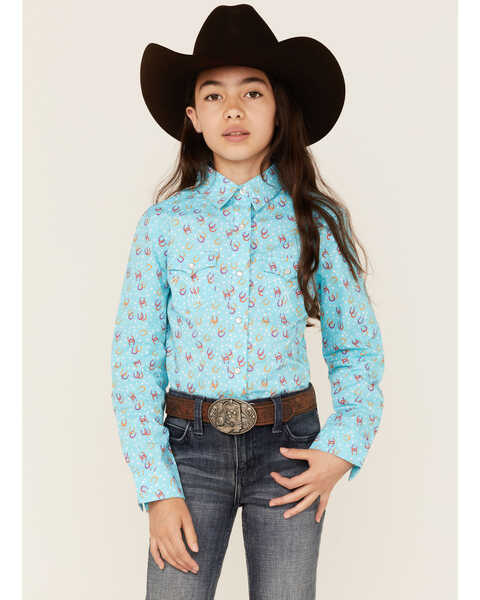 Panhandle Girls' Horseshoe & Star Print Long Sleeve Western Snap Shirt, Turquoise, hi-res