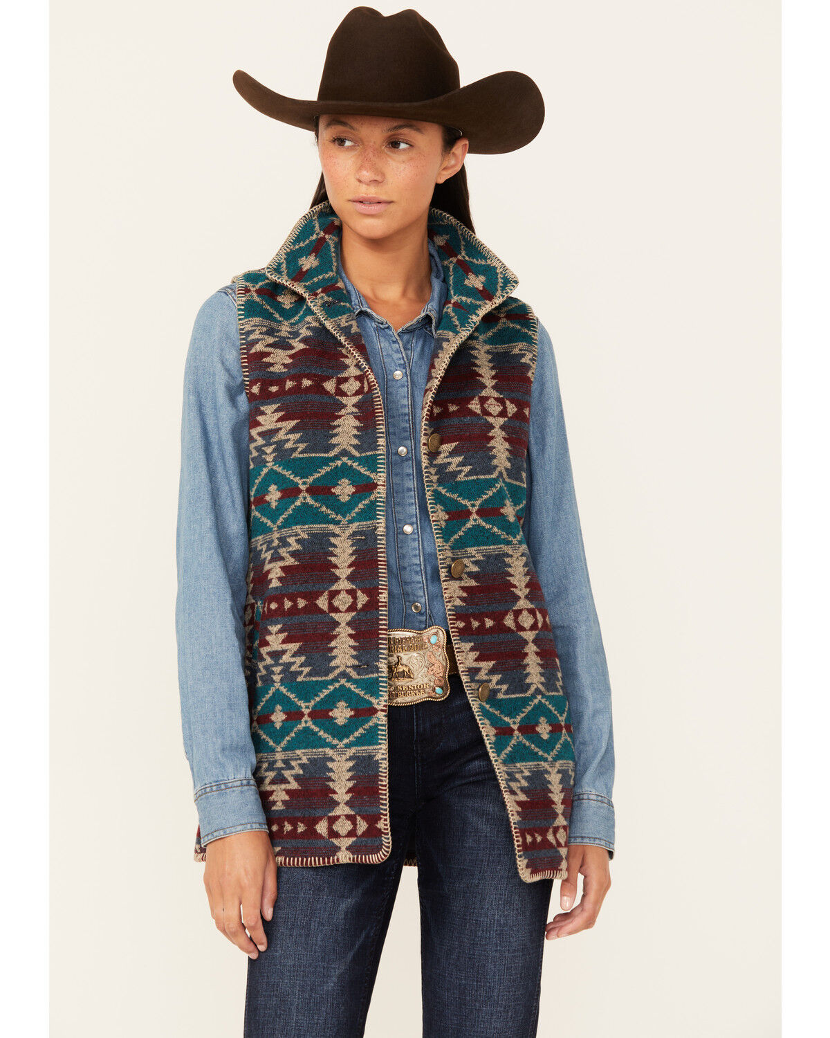 Image #1 - Outback Trading Co Women's Southwestern Print Stockard Vest, Burgundy, hi-res