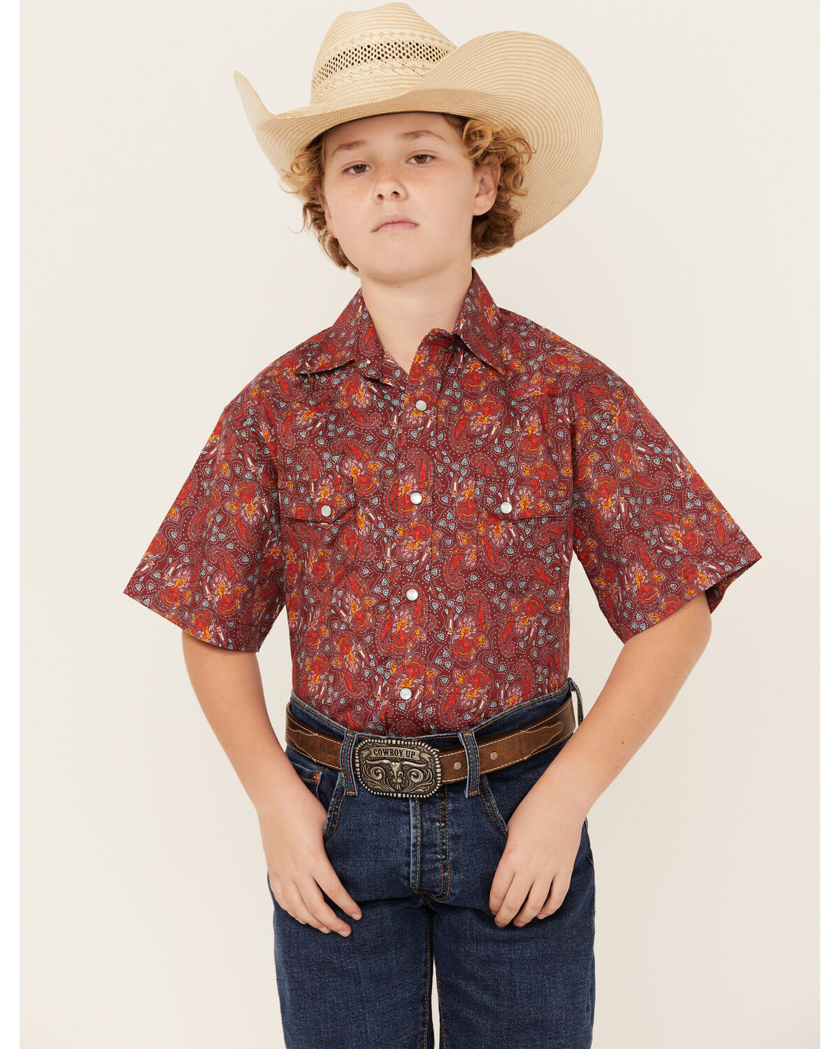 Image #1 - Rock & Roll Denim Boys' Paisley Print Short Sleeve Pearl Snap Stretch Western Shirt, Red, hi-res