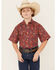 Image #1 - Rock & Roll Denim Boys' Paisley Print Short Sleeve Pearl Snap Stretch Western Shirt, Red, hi-res