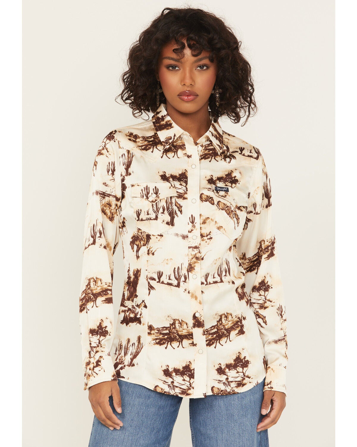 Image #1 - Wrangler Retro Women's Horse Conversational Print Long Sleeve Snap Western Shirt, Cream, hi-res