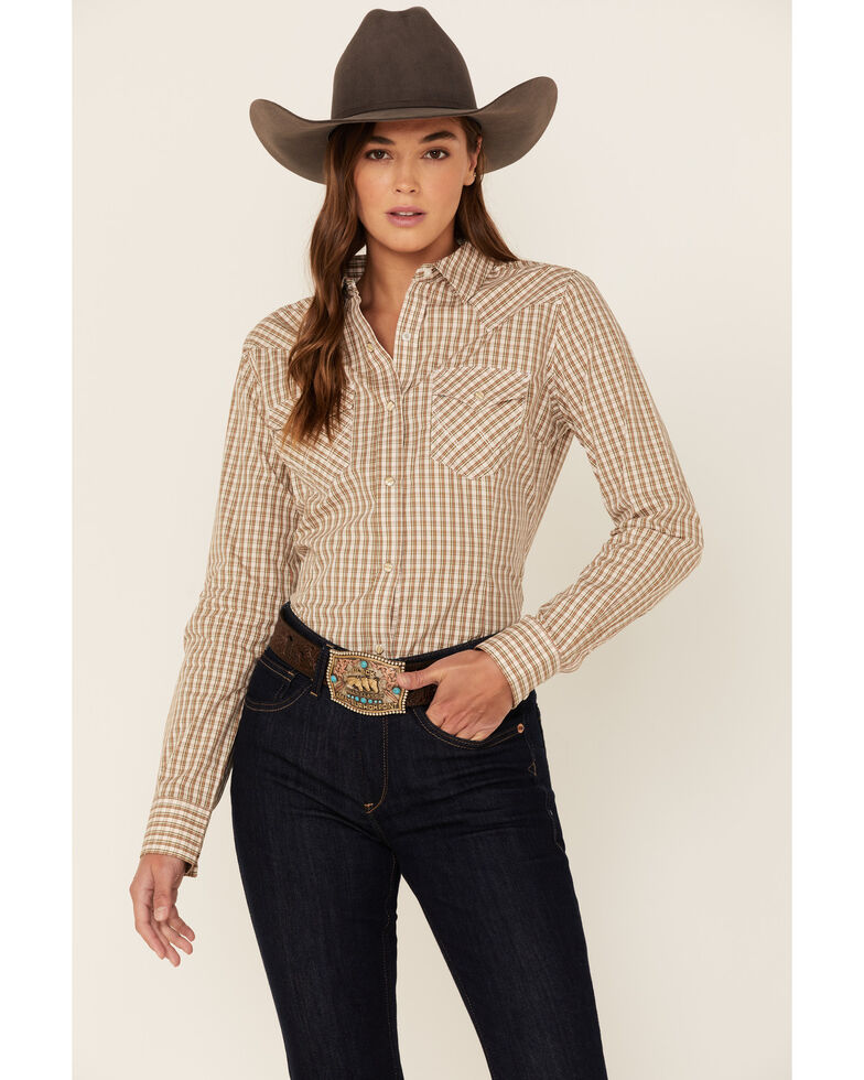 Wrangler Women's Olive Check Snap Western Shirt, Tan, hi-res